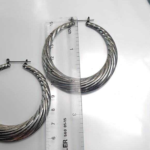 Vintage Textured Silver Hoop Earrings, Bold Large Statement Hoops for Women - Picture 2 of 10